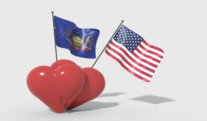 Cuori uniti da una bandiera Pennsylvania e bandiera USA