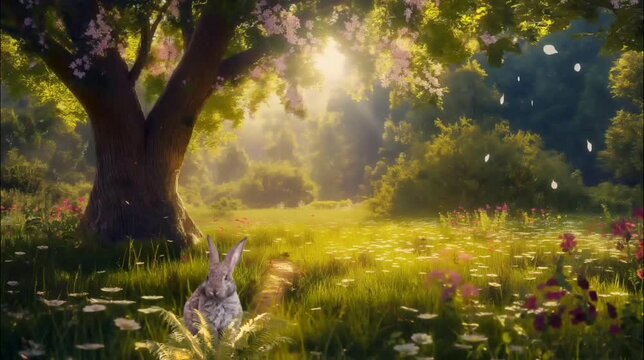 Morning in the forest with a bunny. Seamless looping time-lapse 4k video animation background