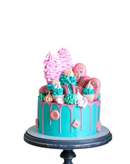 Birthday cake with blue and pink frosting, isolated on white background background, copy space