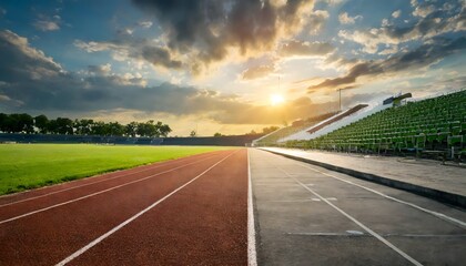 Close-up of the ground of an athletics track at sunset. - obrazy, fototapety, plakaty