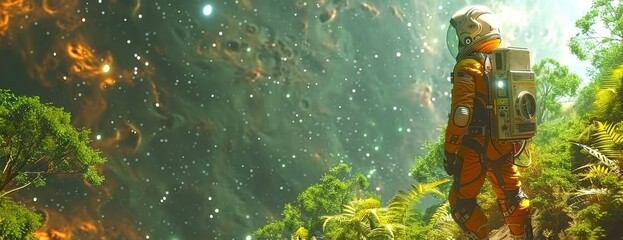 Exotic Flora Sampling by Explorers in Protective Suits in a Dense Alien Forest on a Habitable Exoplanet