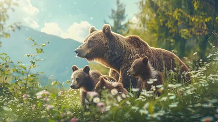 Fotobehang Brown bear, ursus arctos, mother with two cubs on green meadow with copy space. Wide panoramic banner of wild mammal with her lovely offsprings. Animal wildlife in summer nature. AI Generated. © Gosgrapher