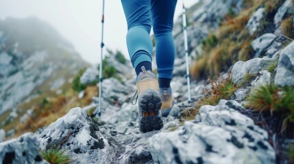 hiker in a hijab tackles the steep trail with trekking poles - obrazy, fototapety, plakaty