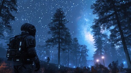 Unseen Indigenous Creatures Watching as Explorers Navigate Bioluminescent Alien Forest Under Nebula Illumination