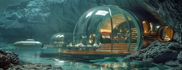 Alien Ocean Exploration Hub: Underwater Dome on Europa with Scientist Teams and Submarine Dock for Deep-Sea Missions