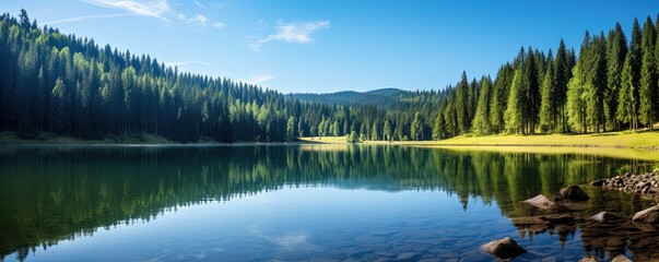 Fototapeta premium Stunning panorama background from the Mummelsee in the Black Forest on the Black Forest High Road, with reflection in the water
