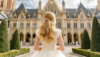 Foto op Plexiglas Bride in white standing infront of a old building © Hanna
