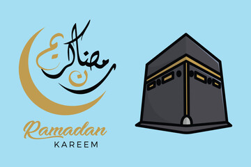 Naklejka premium Ramadan Kareem Islamic background with Kaaba Mosque vector illustration. Islamic holiday icon concept. Holy Kaaba in Mecca Saudi Arabia vector design. Ramadan Kareem vector greeting post design. 