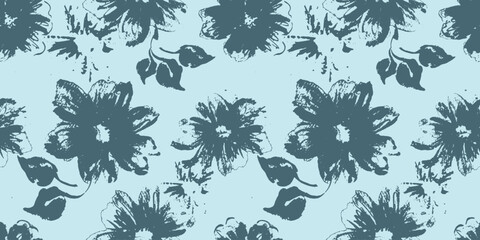 Grunge seamless pattern with leaves and flowers. Monochrome blue flowers grunge textured print. Grungy flowers ornament for fashion textile, sport clothes, fabric, wrapping paper - obrazy, fototapety, plakaty