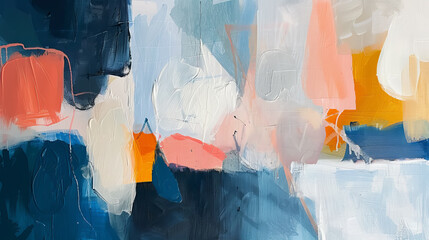 Modern abstract art featuring blue, orange, and white brush strokes on canvas, ai generated