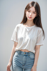 Gorgeous Young Female Model - Fashion or Cosmetics Model - White Top and Blue Jeans - Flawless Skin and Fine features - Beautiful Smooth Hair