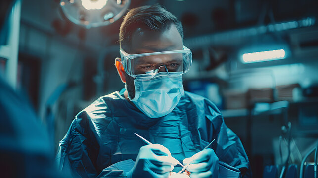 a surgeon wearing a mask and goggles is operating on a patient in an operating room