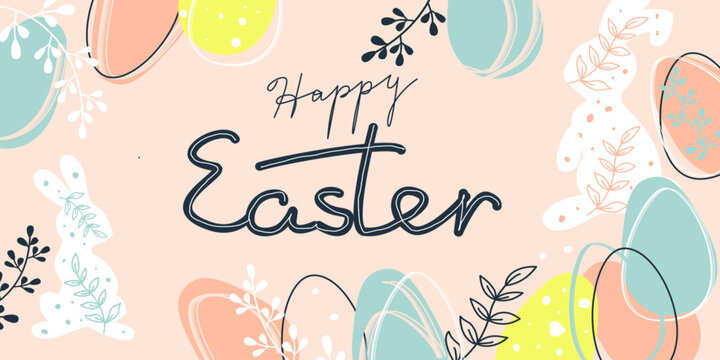 Happy Easter horisontal banner in minimal style and pastel colors. Hand drawn Easter eggs, bannies and branches. Typography design with hand written lettering, Vector illustration
