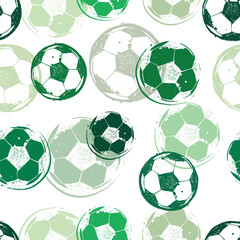 Grunge seamless pattern with print and soccer ball in green and white colors. Soccer ball repeat ornament. Football print with ball