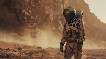 Exploring Alien Terrain with Advanced Exosuit: Astronaut Navigates Rocky Cliffs and Dust Storms in Field Test - obrazy, fototapety, plakaty