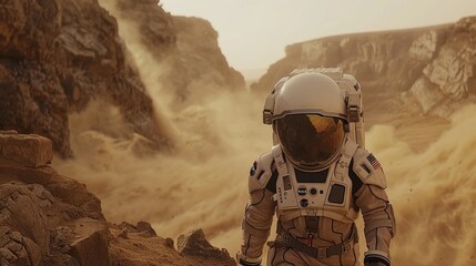 Astronaut Testing Exosuit in Extreme Alien Terrain: Enhanced Mobility among Towering Cliffs and Dust Storms - obrazy, fototapety, plakaty