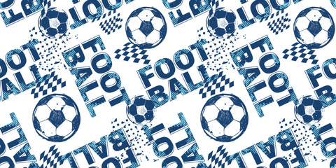 Sports seamless pattern soccer ball, football typography background blue and white colors. Football ornament for sport textile, boy clothes, fabric, wrapping paper © Kseniia Koval