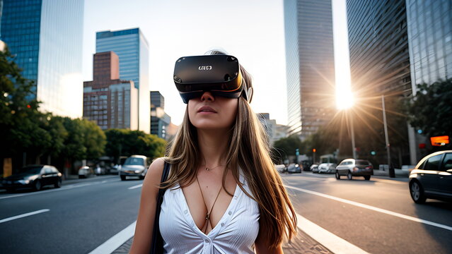 A girl in virtual reality glasses in an open shirt and with a bag crosses the road with cars