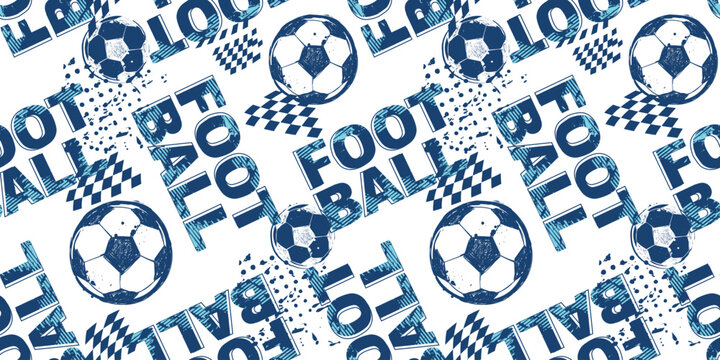 Sports seamless pattern soccer ball, football typography background blue and white colors. Football ornament for sport textile, boy clothes, fabric, wrapping paper