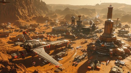 Bustling Spaceport in Mars Colony: Central Hub for Solar System Exploration and Trade - obrazy, fototapety, plakaty