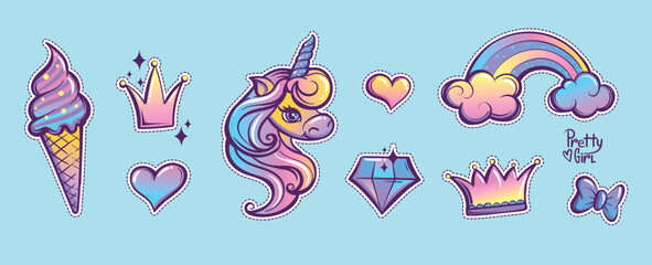 Girlish patch badges unicorn baby girl, crown, tiara, hearts, cone ice cream, diamond, clouds, rainbow. Funny vanilla color elements. Cartoon style stickers