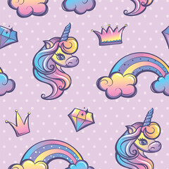 Fototapeta na wymiar Unicorn seamless pattern on pink dots background with crown, rainbow, diamonds. Funny vanilla color unicorns ornament. Cartoon unicorn print