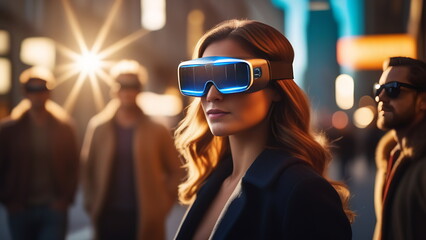 Girl in compact virtual reality glasses with neon lighting at sunset in the city with the sun - obrazy, fototapety, plakaty