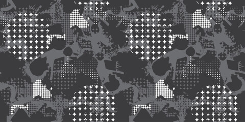 Abstract grunge seamless pattern with dots on grunge web background. Textured print for textile, clothes, wrapping paper. Black and white camouflage ornament © Kseniia Koval