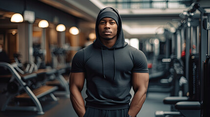 African American male bodybuilder in a hoodie stands in the gym. Advertising banner layout for a...