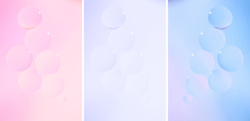 Macro drops of oil on the surface of the water. Delicate cosmetic bubbles background for advertising cosmetic products in soft blue pink tones, gradient. set of 3 vertical photo
