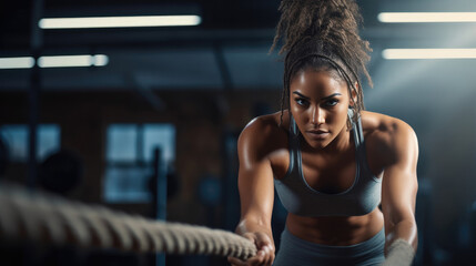 African American female bodybuilder doing battle rope workout.