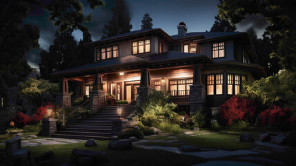 Fototapeta na wymiar Serene elegance an aerial perspective reveals the dignified beauty of a classic craftsman house, its deep mahogany exterior bathed in moonlight.