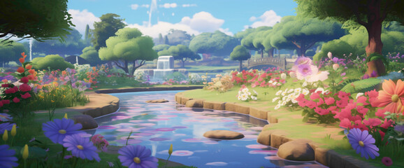 Serene gradient garden with blossoming flowers and tranquil ponds, providing the cutest and most...