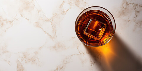 Top view of whiskey or bourbon glass with ice cube on white marble table.