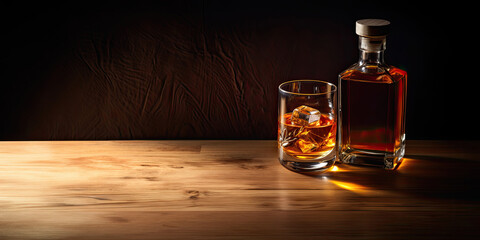 Side view of whiskey or bourbon glass with ice cube and bottle on wooden table with black background.