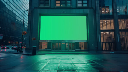 Green screen billboard next to a building's entrance