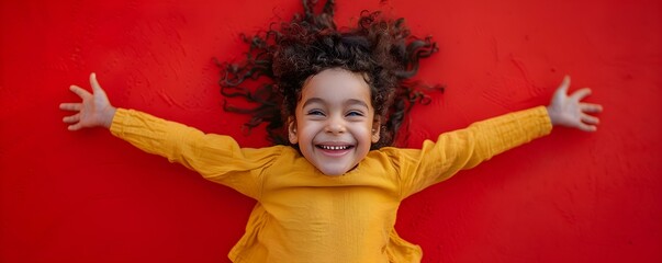 Beautiful happy child captured jumping on a red background A joyful and diverse child captured mi. Concept Children's Portraits, Red Background, Joyful Moments, Diverse Families, Happiness