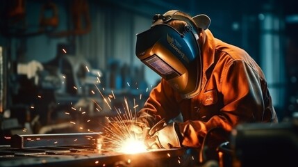Close up of professional welding of medium sized pipe with blue light in foreground