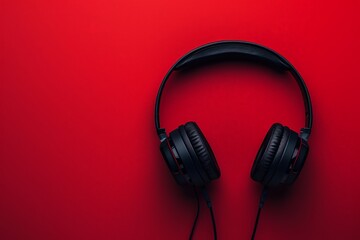A pair of headphones lying on a vibrant red background, showcasing their sleek design and vibrant color contrast.