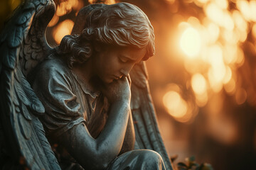 Sad angel statue at sunset, funeral services, grief, sorrow and condolences card Sad or obituary notice - obrazy, fototapety, plakaty