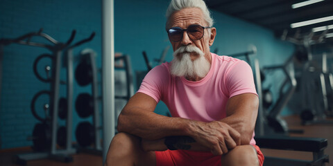 Obraz na płótnie Canvas Stylish elderly man in a pink T-shirt resting after cardio training. Advertising banner layout for a gym or fitness trainer.