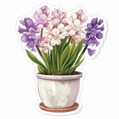 Naklejka na ściany i meble Hyacinths, spring flowers in a clay pot. multicolored color. watercolor, Easter decor,delicate color, Sticker. 3d decorative elements for spring or Easter holidays. Suitable for promotions or websit