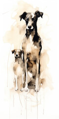 In a watercolor style, a vertical illustration of a dog with a puppy in black and beige colors on a white background.