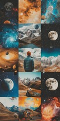 Space collage, planets and galaxy. The man looks up. Background image for mobile phone, ios, Android, banner for instagram stories, vertical wallpaper.