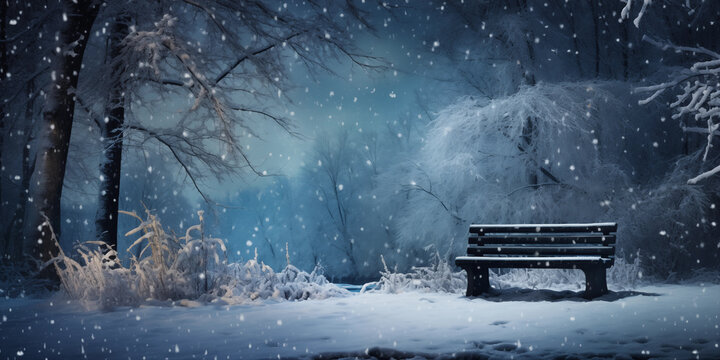 Snow falls on an empty Park Bench at Night in Winter, Snow-covered trees illuminated by lanterns in a park