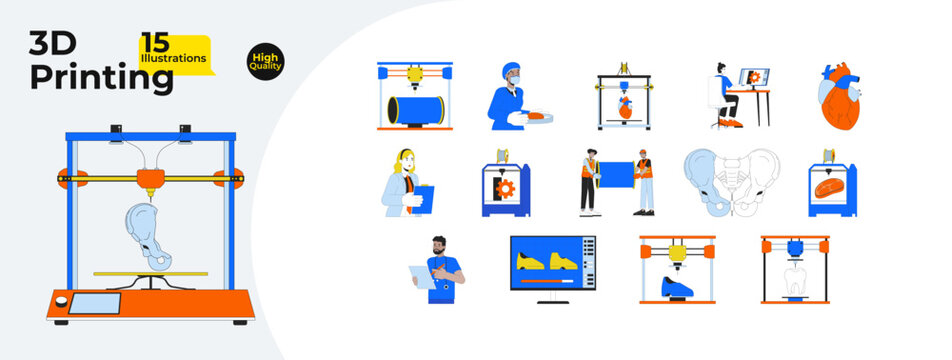 3d printers technicians line cartoon flat illustration bundle. Diverse developers 2D lineart characters isolated on white background. Medicine, fashion, food industry vector color image collection
