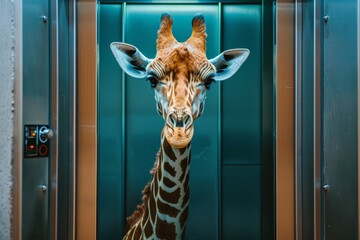 A giraffe is positioned in front of a vibrant green door, standing tall and elegant against the backdrop. The animals long neck and distinctive spots are prominent in the scene.