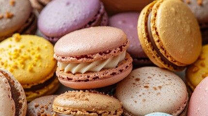 Obraz na płótnie Canvas Colorful vibrant macarons background with assorted collection of sweet french pastries
