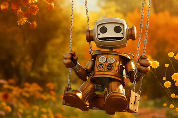 Happy cute robot has fun on a swing in a garden, future of AI development and progress, artificial intelligence human feelings and emotions concept - 750752696