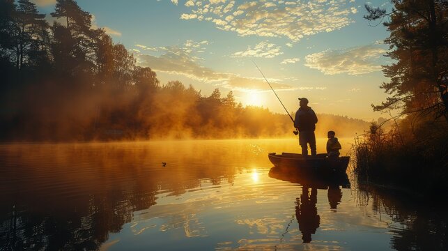 The first joint fishing of adult father and teen son in warm, sunny day. —  Stock Photo © ufabizphoto #313410022